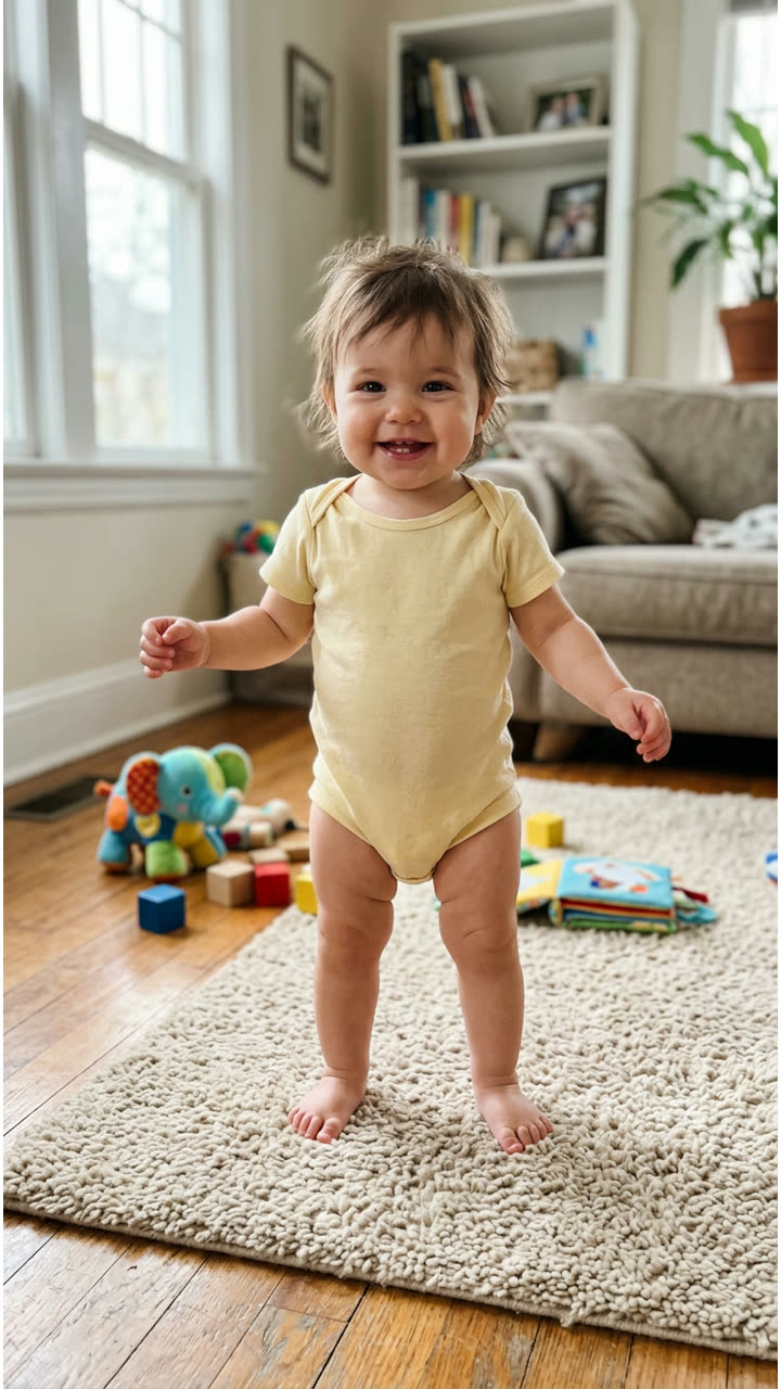 AI-made baby standing on a rug in a pale yellow onesie